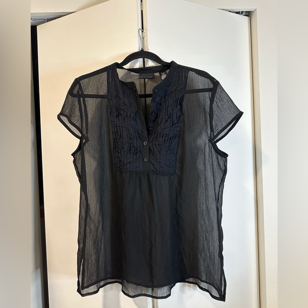 Sheer Black Short-Sleeve Button Front Blouse